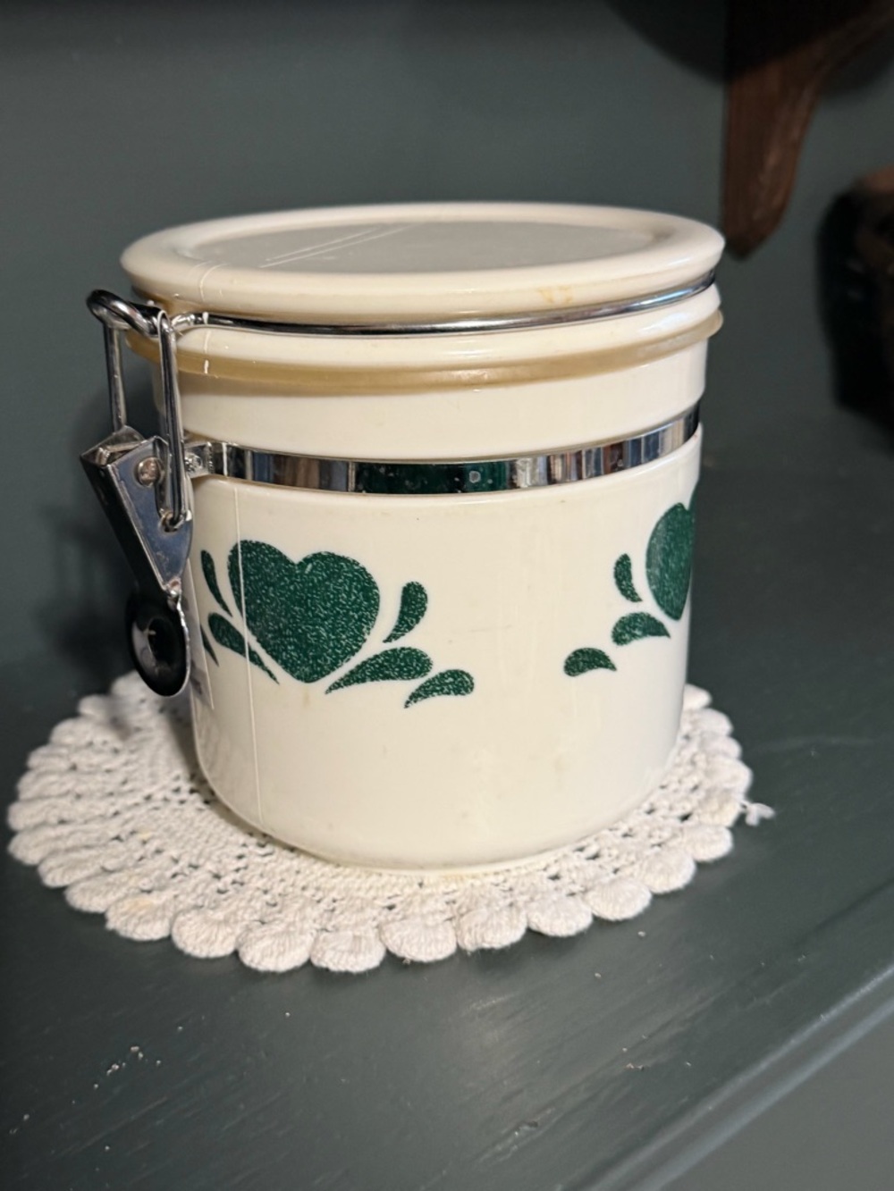 Cream Acrylic Canister with Green Country Heart Motif